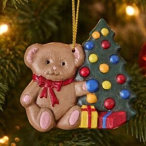 Vintage Teddy Bear Christmas Ornament Tree Presents 3 Inch Ceramic